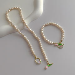 Enamel tulip toggle water pearl beaded necklace bracelet