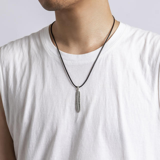 Korean fashion feather pendant wax rope necklace for men