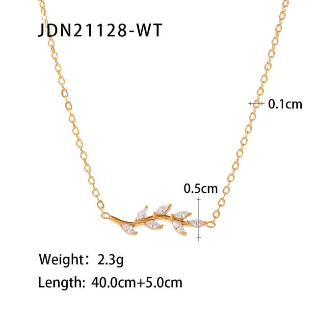 Color cubic zircon leaf stainless steel dainty necklace