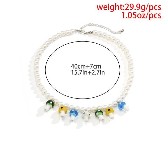 Color mushroom charm faux pearl mens necklace