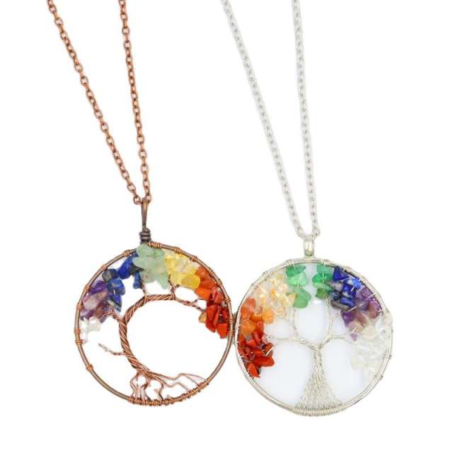 7-color natural stone crystal gravel Pachira macrocarpa hand-wound tree of life pendant necklace