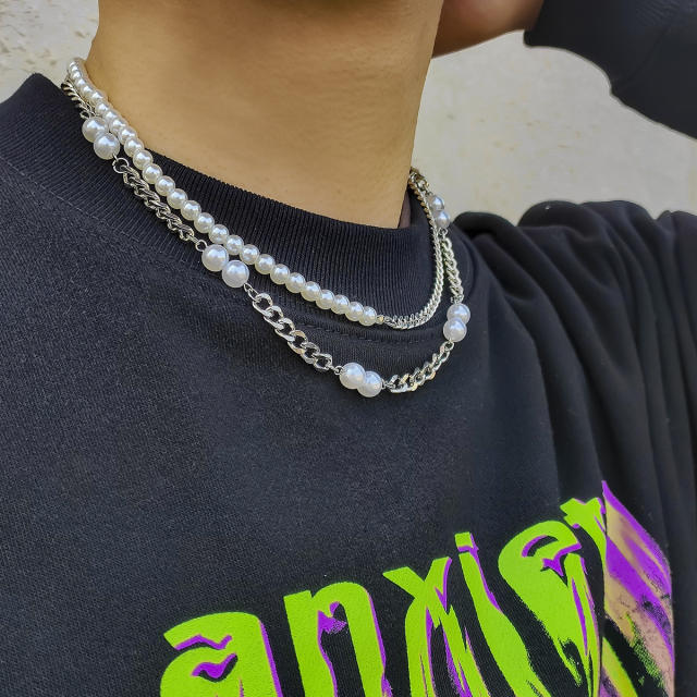 Hiphop faux pearl beads metal chain mens layer choker necklace