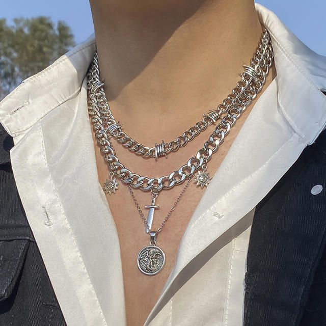 Silver color punk metal chain mens necklace set