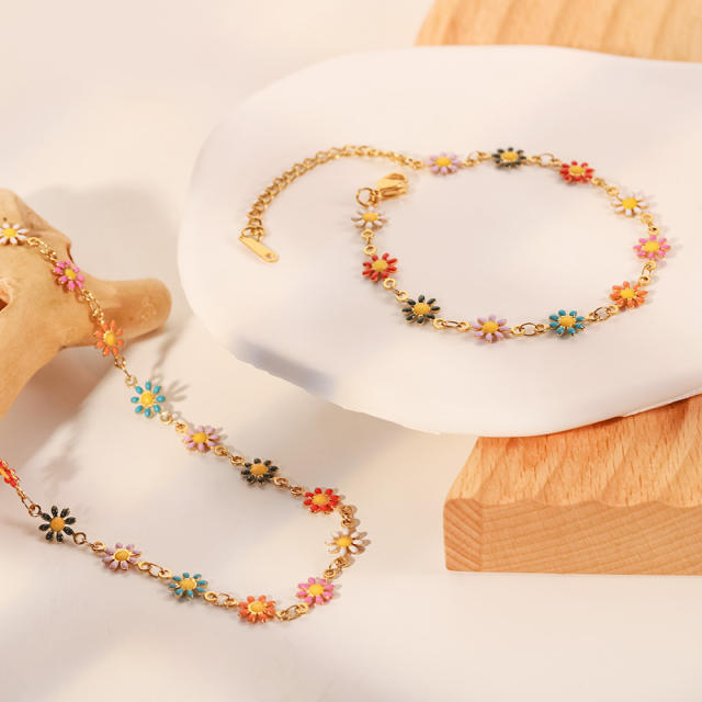 18KG enamel daisy flower stainless steel necklace bracelet