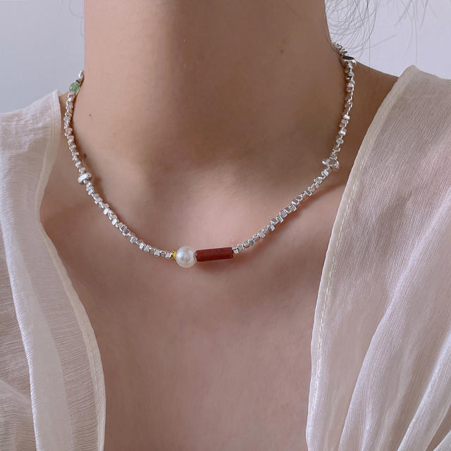 Japanese and Korean natural stone Pearl metal necklace