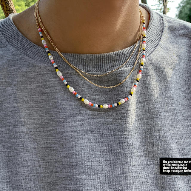 Boho three layer color seed beads mens necklace