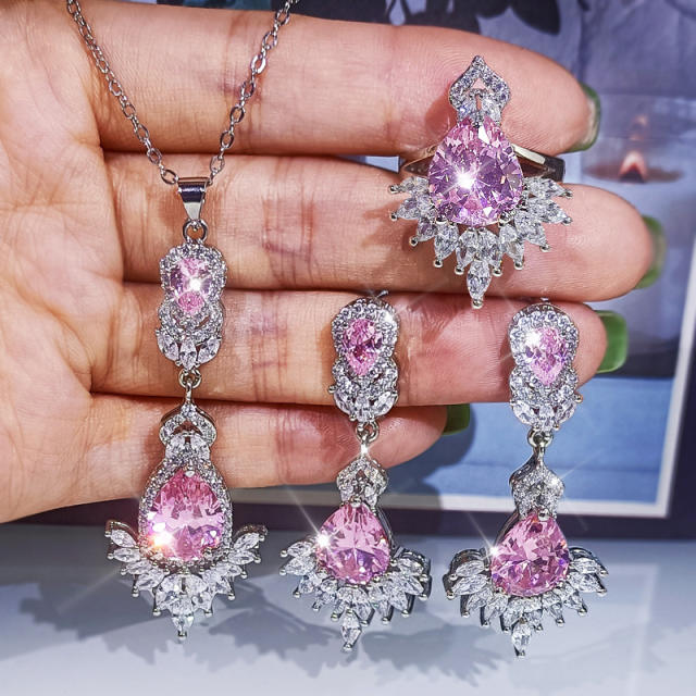 Pink color cubic zircon drop shape luxury bridal jewelry set