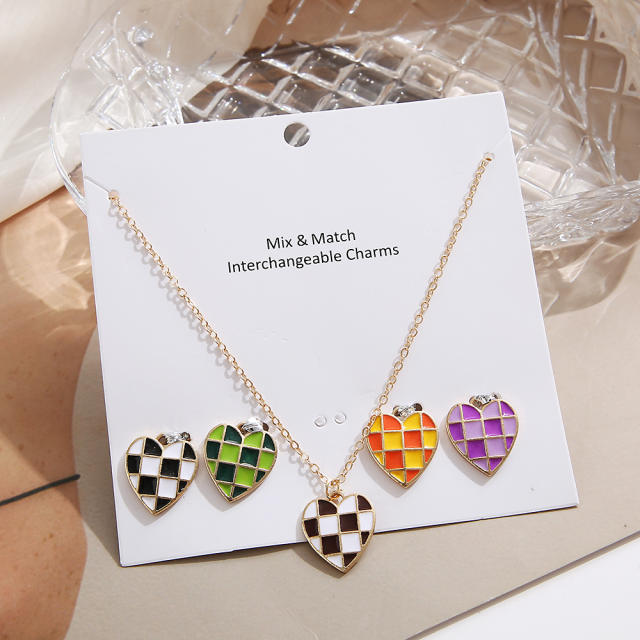 Enamel checkered heart pendant necklace set