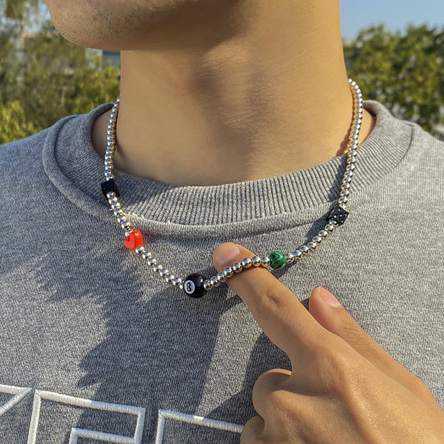 Silver color beaded mens necklace