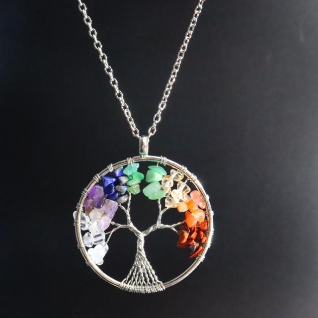 7-color natural stone crystal gravel Pachira macrocarpa hand-wound tree of life pendant necklace