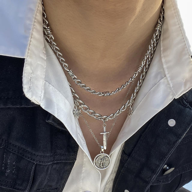 Silver color punk metal chain mens necklace set