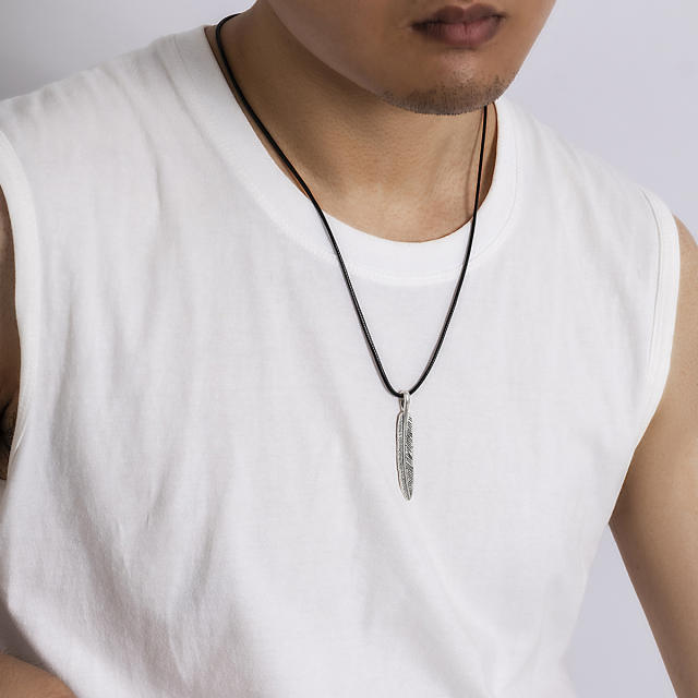 Korean fashion feather pendant wax rope necklace for men