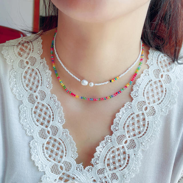 Simple white color seed beads water pearl choker necklace