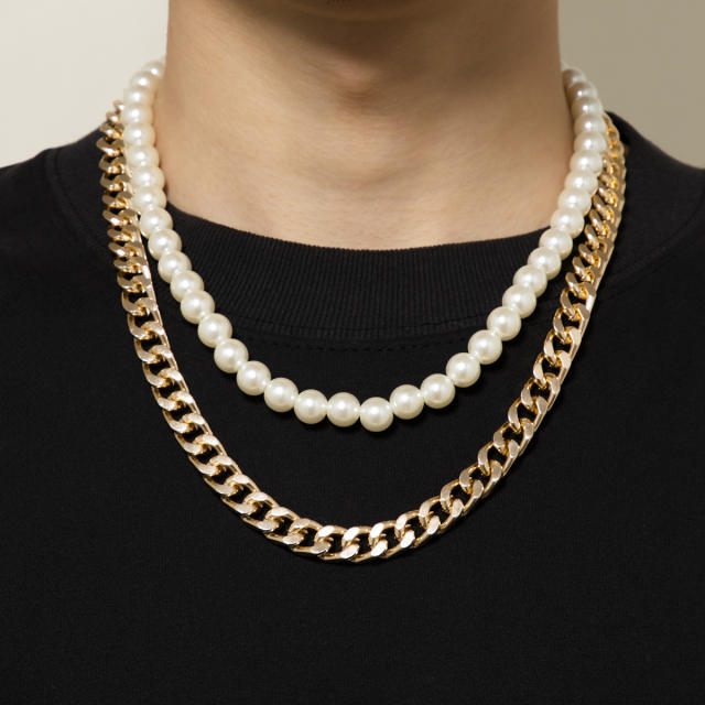 Faux pearl metal chain two layer mens necklace