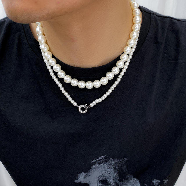Two layer faux pearl beaded two layer mens necklace