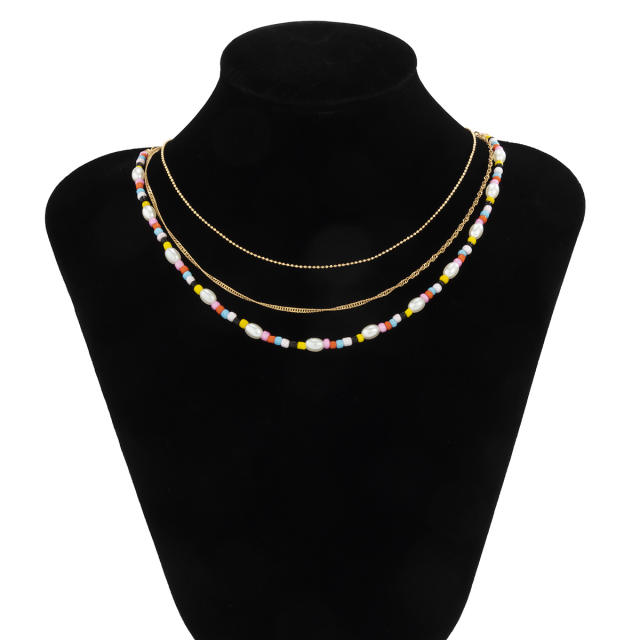 Boho three layer color seed beads mens necklace