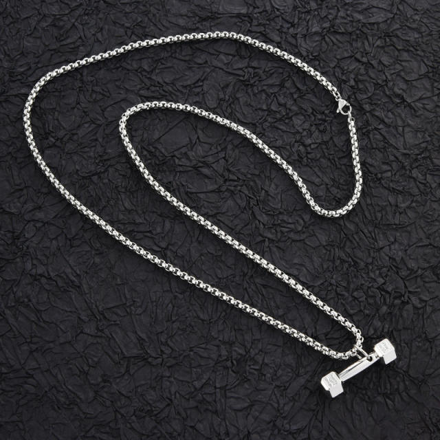 Stainless steel dumbbell pendant mens necklace