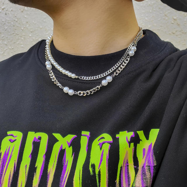 Hiphop faux pearl beads metal chain mens layer choker necklace