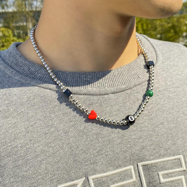 Silver color beaded mens necklace