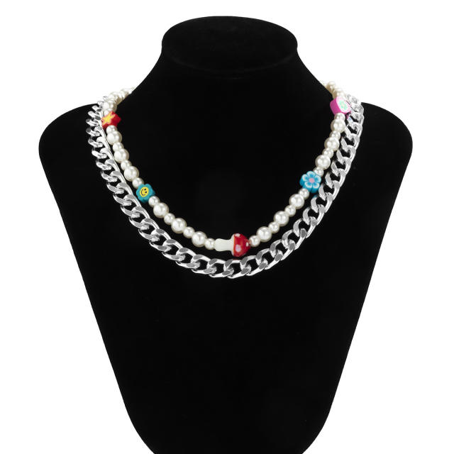 Korean fashion two layer pearl beads chain necklace set