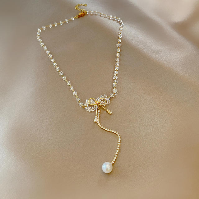 White crystal beads diamond bow choker necklace