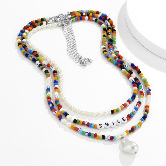 Boho three layer colorful seed beads mens necklace