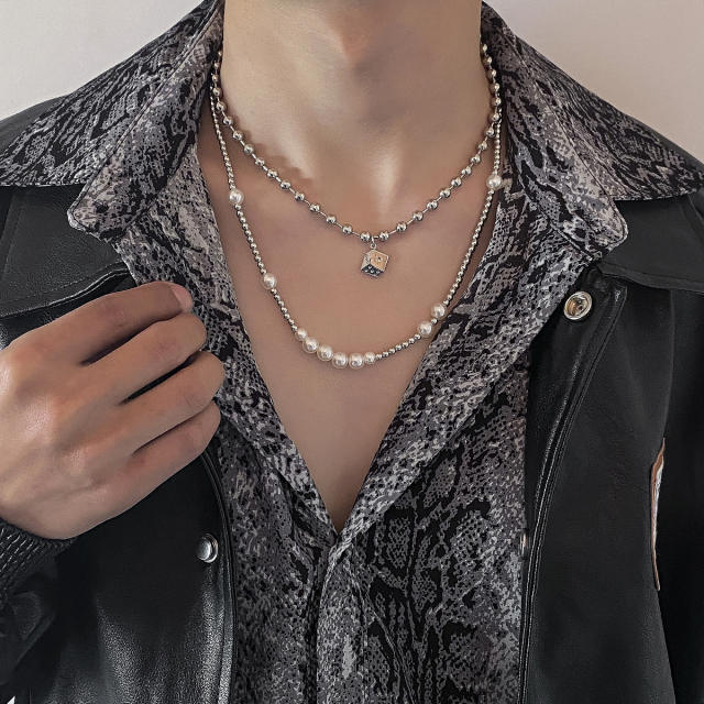 Faux pearl two layer mens necklace