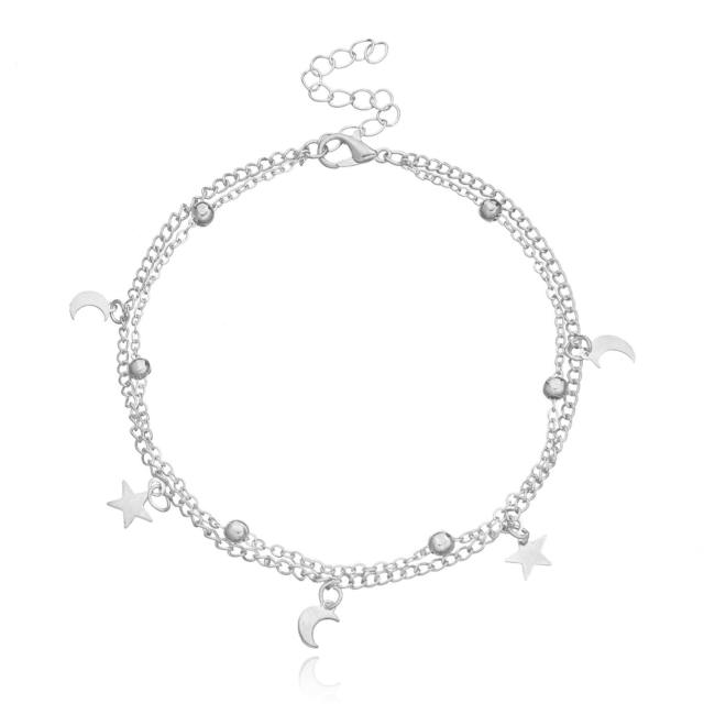 Double layers moon and star chain anklet