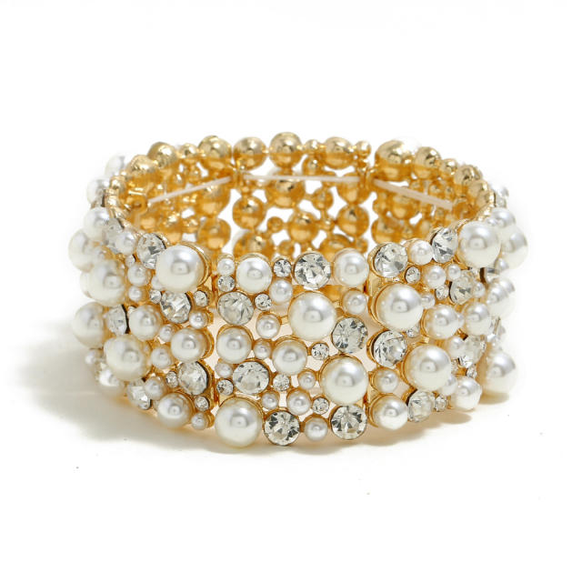 Luxury pearl rhinestone statement elastic bangle