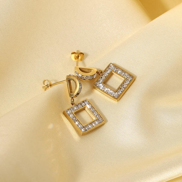 14KG stainless steel CZ square dangle earrings