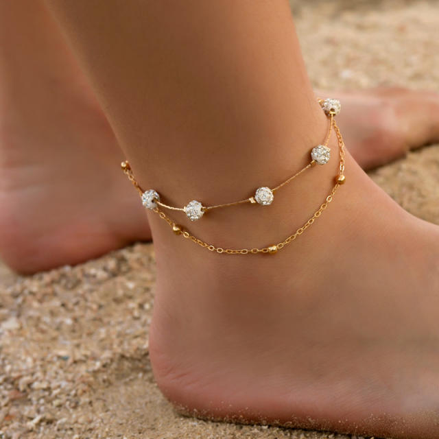 Rhinestone ball pendant double-layer chain anklet