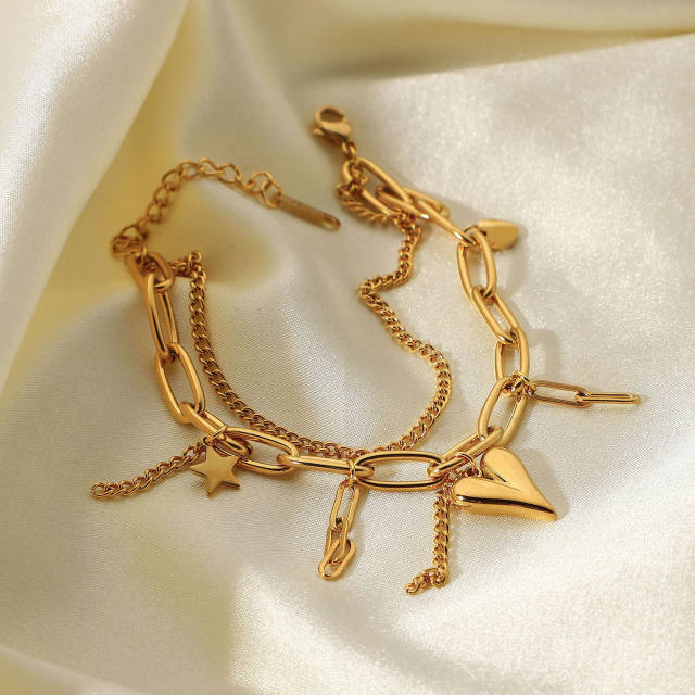 18KG stainless steel heart charm layer chain bracelet