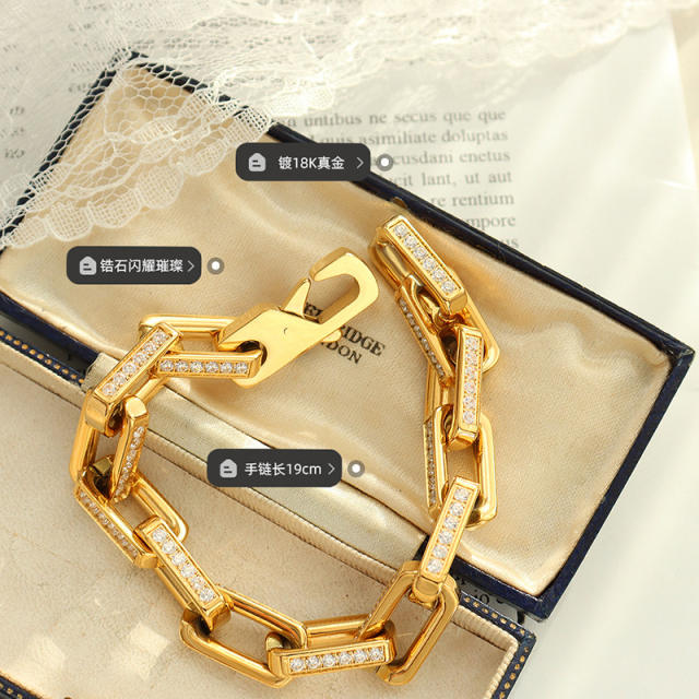 Luxury cubic zircon setting stainless steel chain bracelet