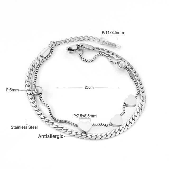 INS two layer cuban line chain heart stainless steel chain bracelet
