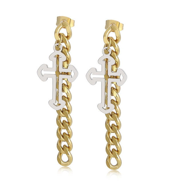 Chunky stainless steel chain cross earrings