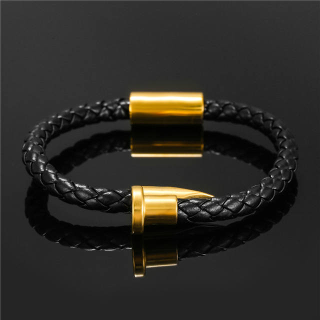 Braided leather stainless steel nail bangle for men