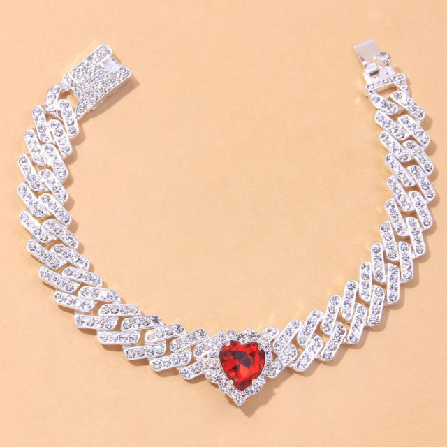 Heart gemstone rhinestone cuban chain tennis anklet