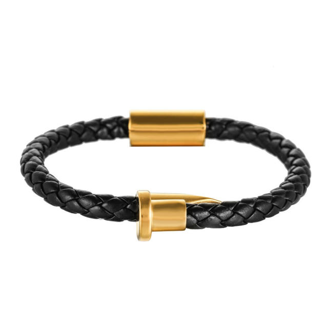 Braided leather stainless steel nail bangle for men