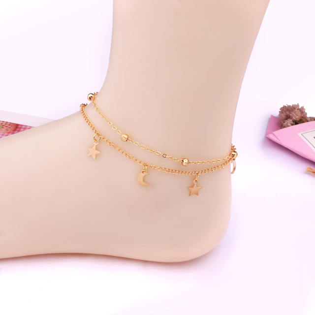 Double layers moon and star chain anklet