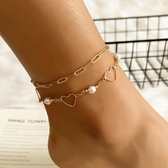 Y2K sweet pearl beads hollow star layer anklet choker