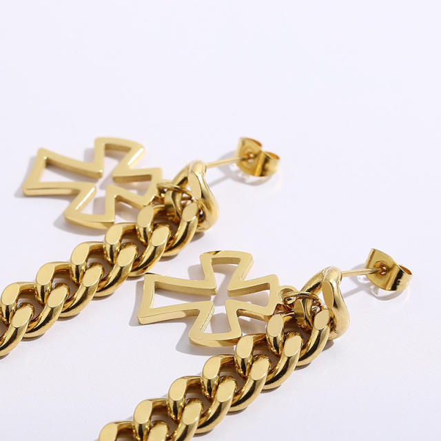Stainless steel Cuban link chain cross earrings