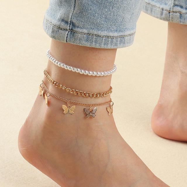 Butterfly charm pearl chain anklets 3 pieces set