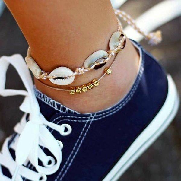 Shell metal beads rope anklet