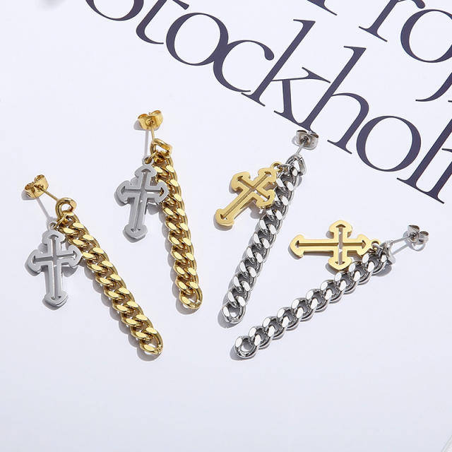 Chunky stainless steel chain cross earrings