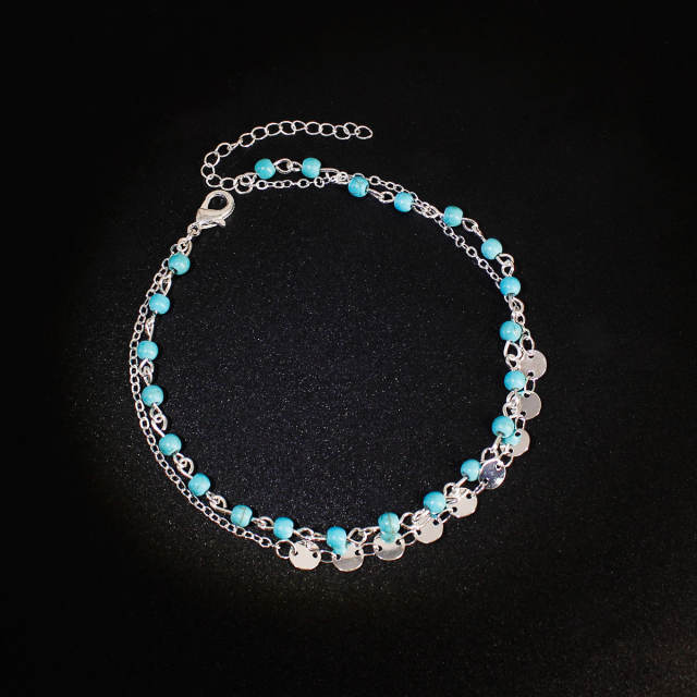 Double layers turquoise and chain anklet