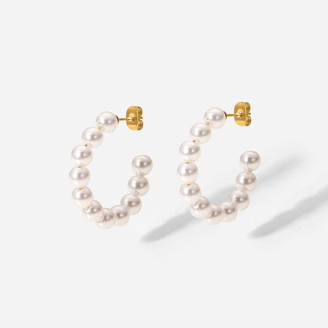 30mm pearl C shaped stainless steel hoop earrings