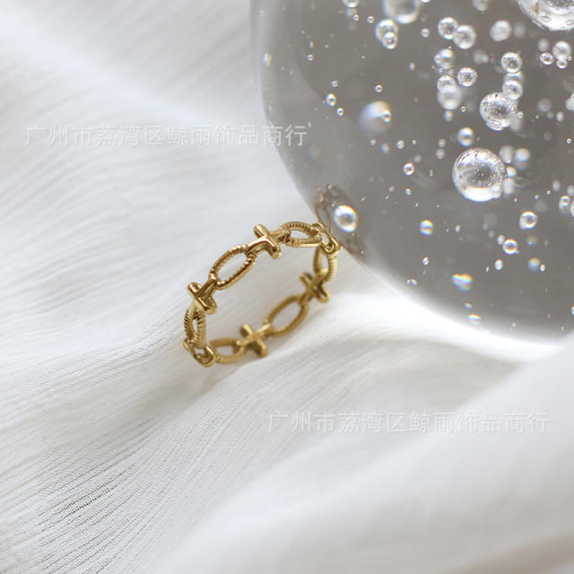 18k gold plated hollow out oval and cross stainless steel ring