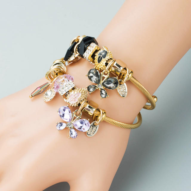 DIY glass crystal butterfly charm beaded bangle