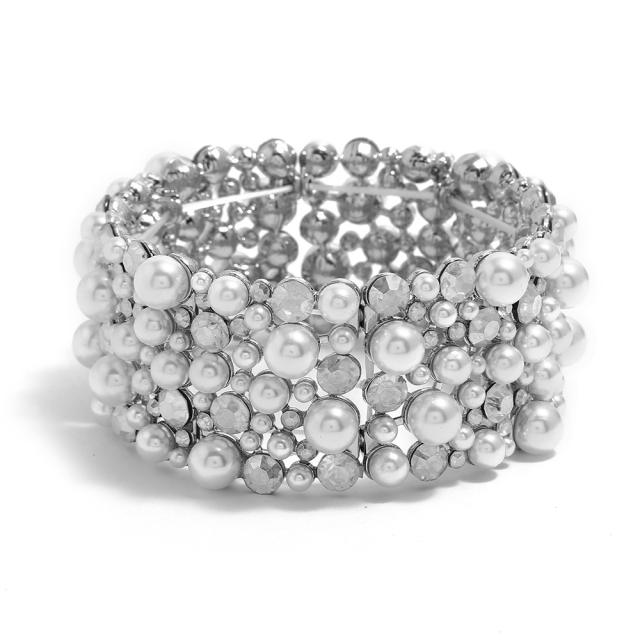 Luxury pearl rhinestone statement elastic bangle