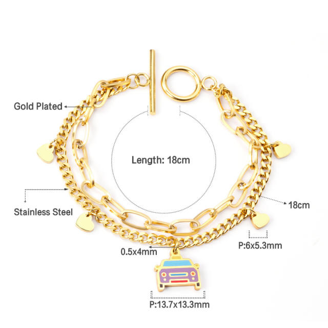 Enamel bus charm stainless steel layer chain bracelet